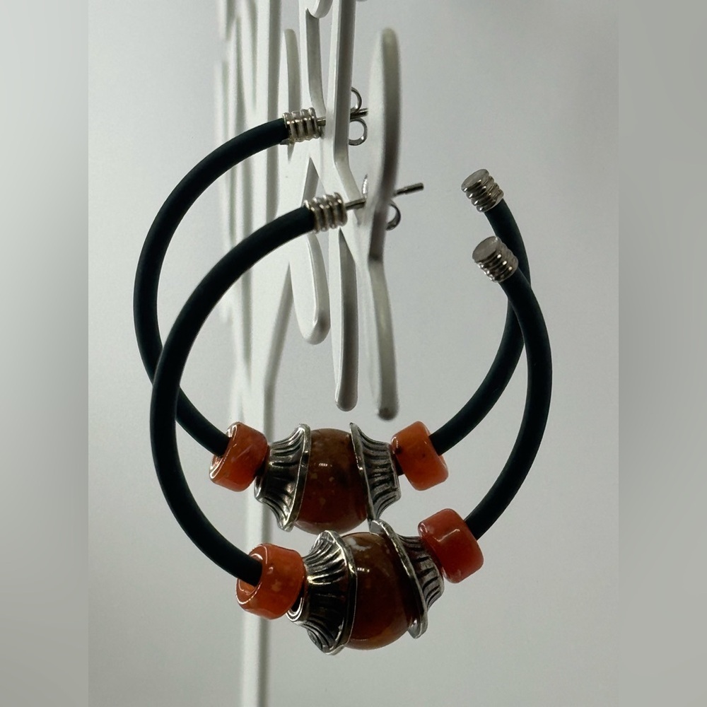 Large Black and Orange bead Hoop Earrings